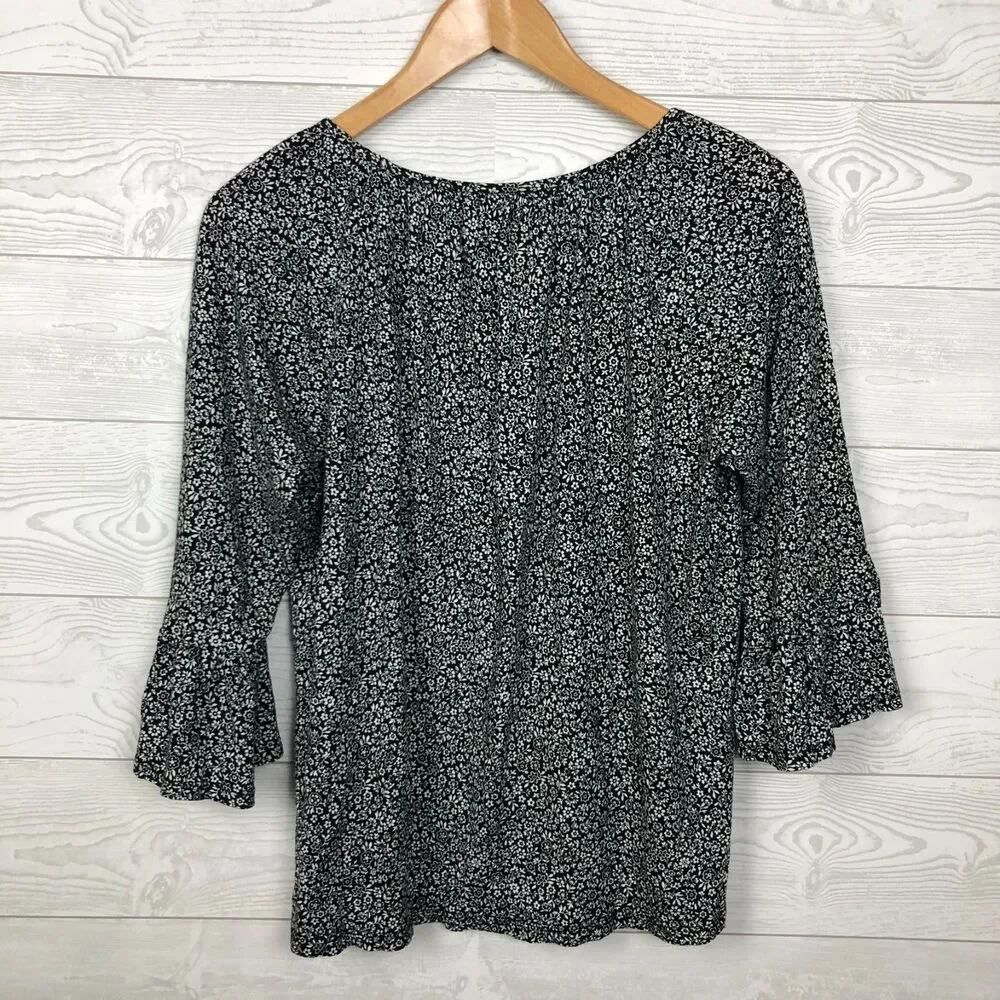 MICHAEL Michael Kors Women's Large Floral Print Scoop Neck Top Bell Sleeve Shirt